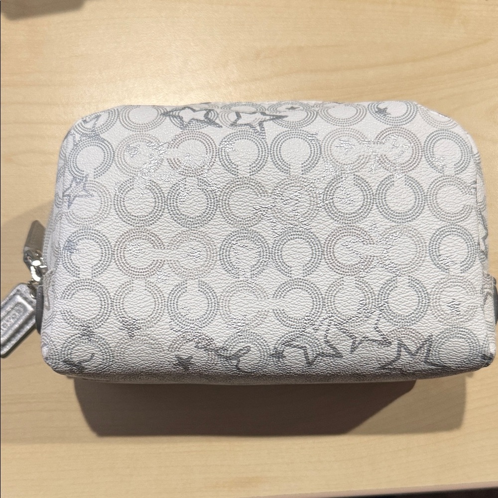 Coach White Signature Logo Cosmetic Pouch with Silver-Tone Emblem - Picture 2 of 5